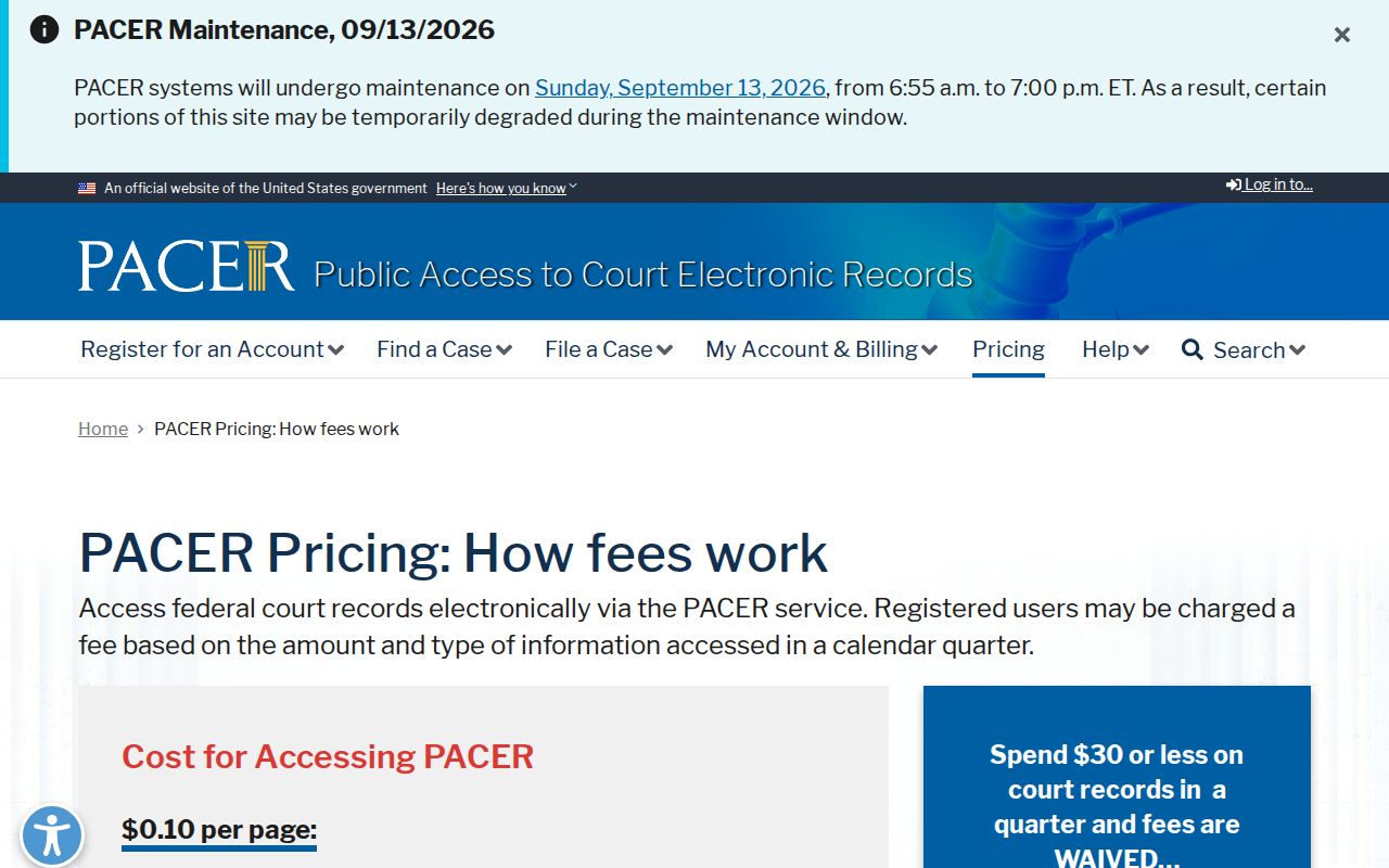 PACER federal docket access fee information