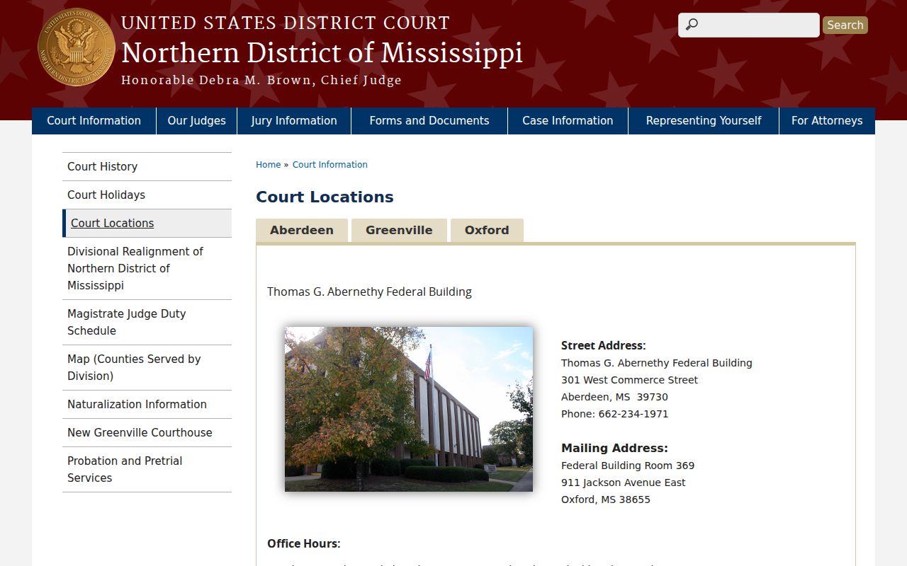 Northern District of Mississippi federal court location information