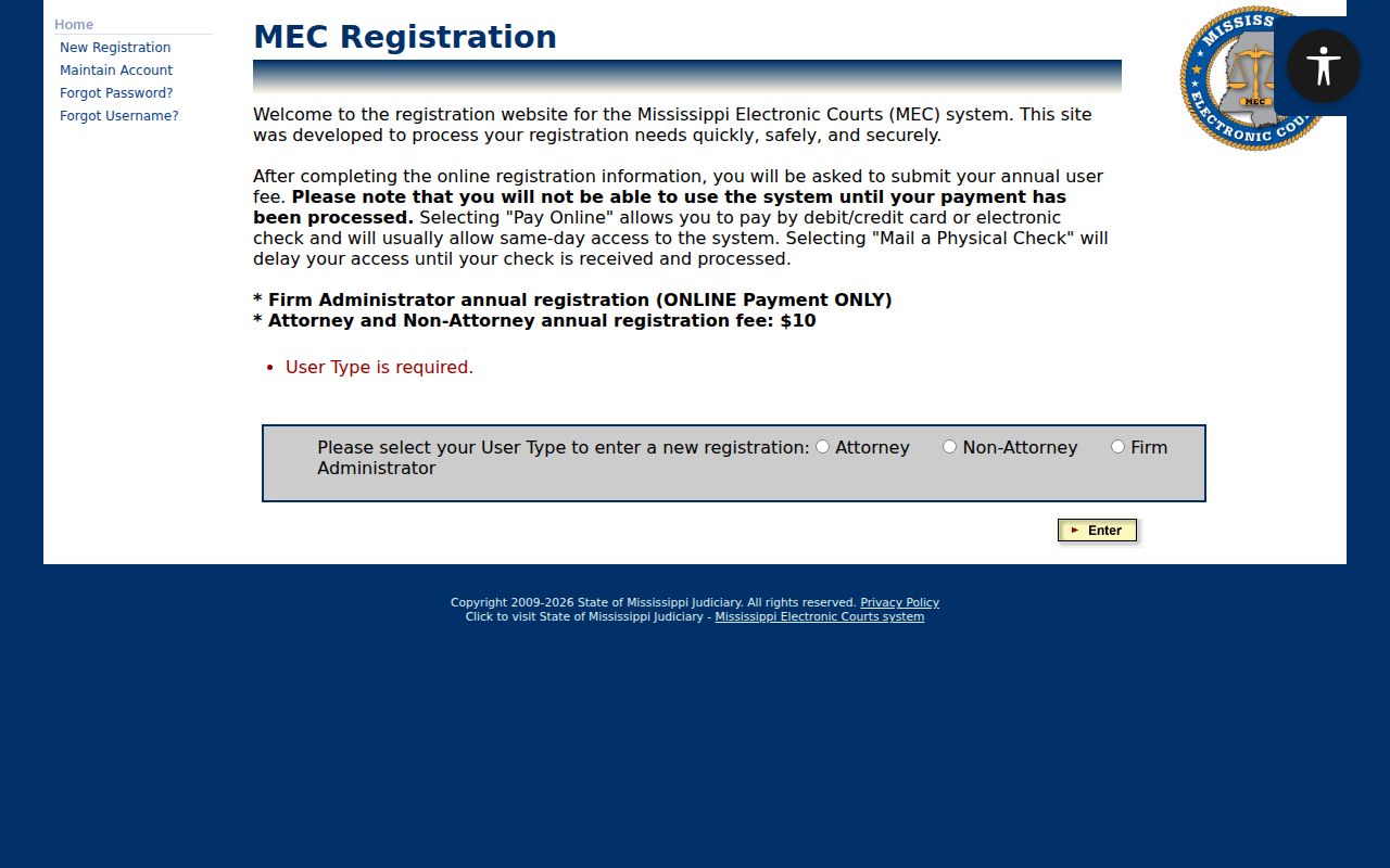 PAMEC user registration fields for Grenada County Circuit Court access
